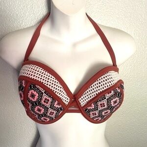 XHILARATION rust multi print bikini halter top size D/DD